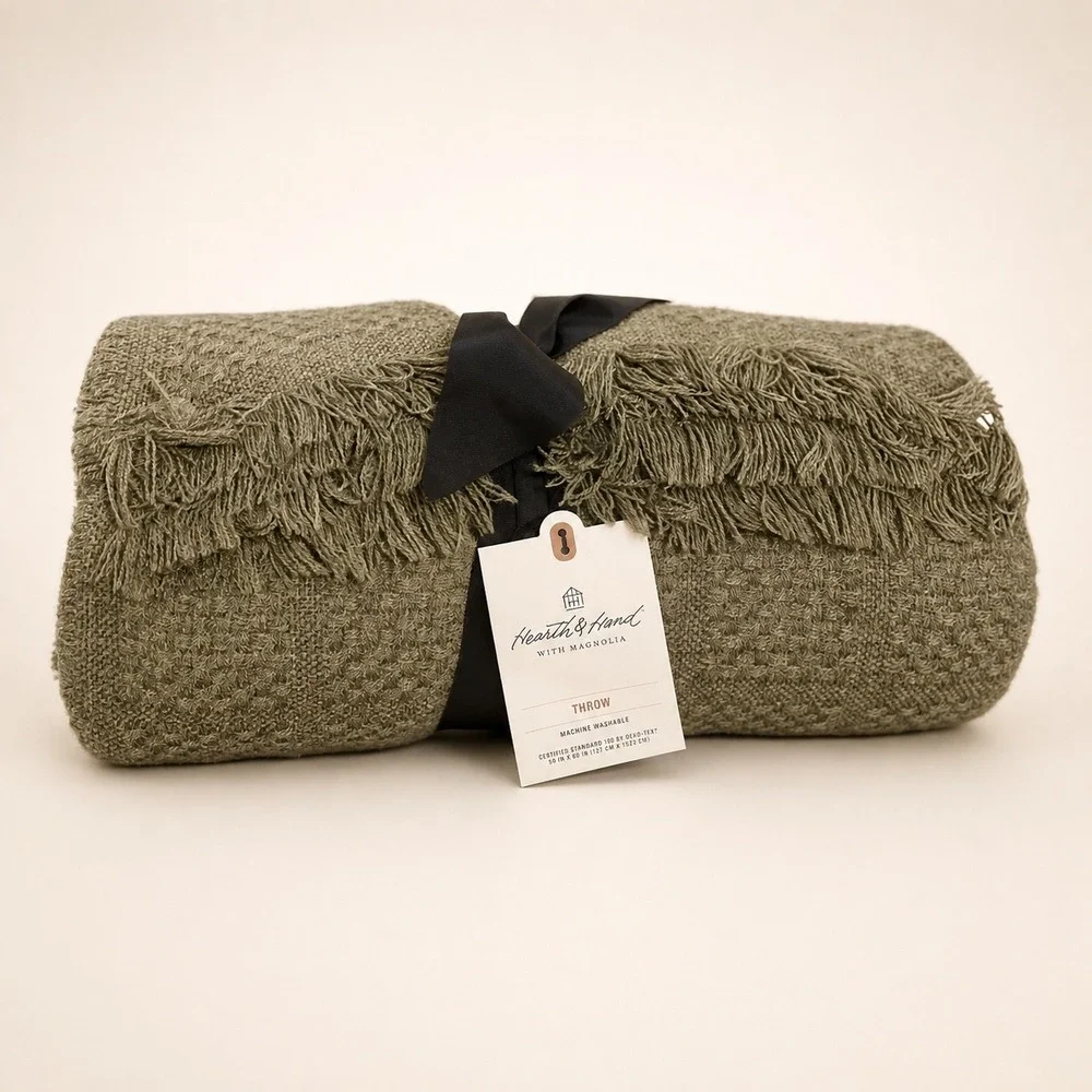 Hearth & Hand Magnolia Woven Grid Throw Blanket Olive Green Fringed 50x60 NEW